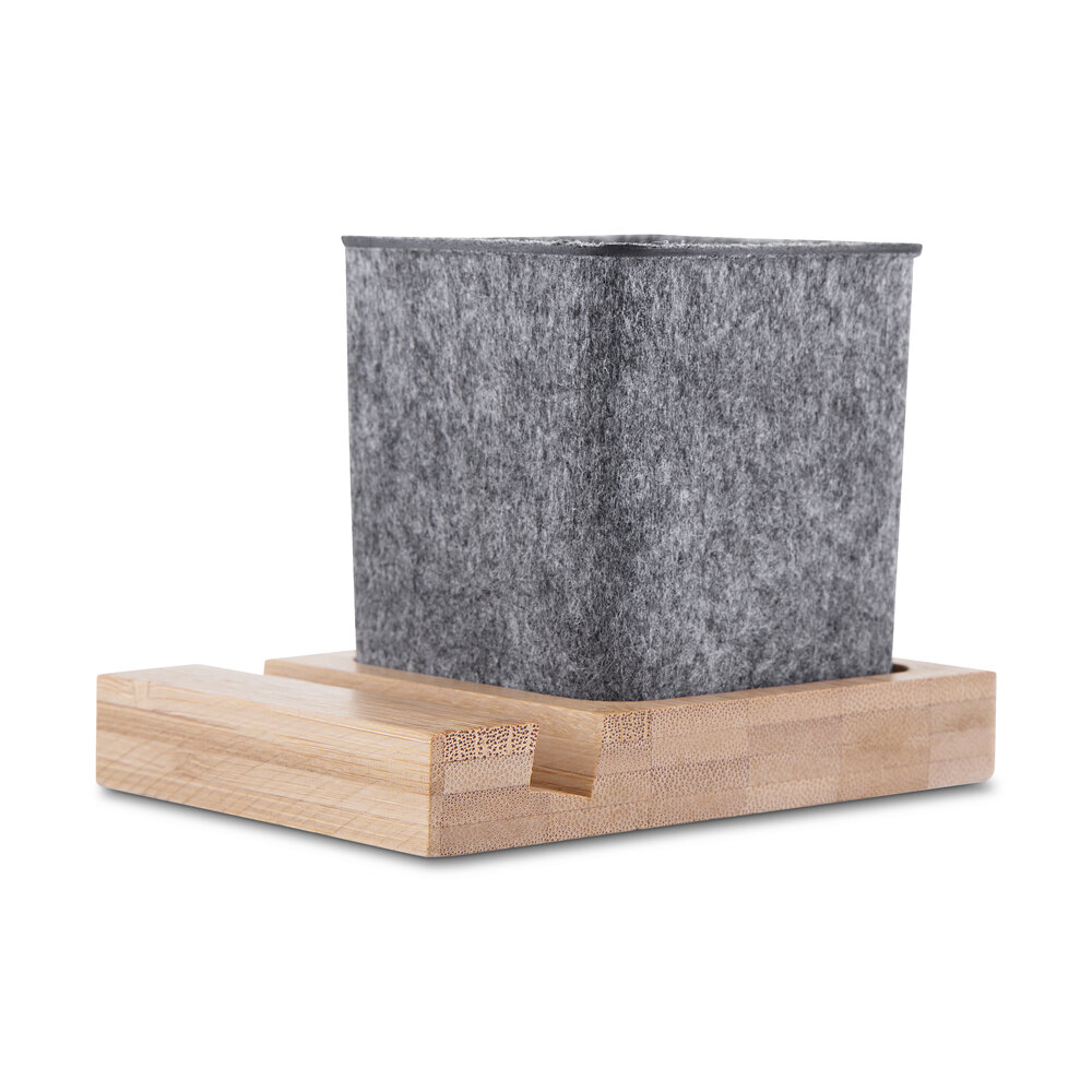 Porta Lápis e Celular em Feltro com Base de Bambu Organizador