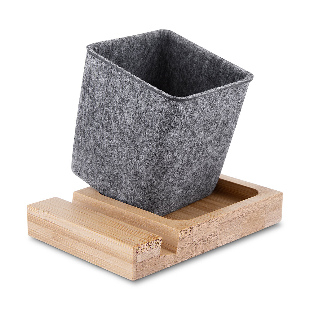 Porta Lápis e Celular em Feltro com Base de Bambu Organizador
