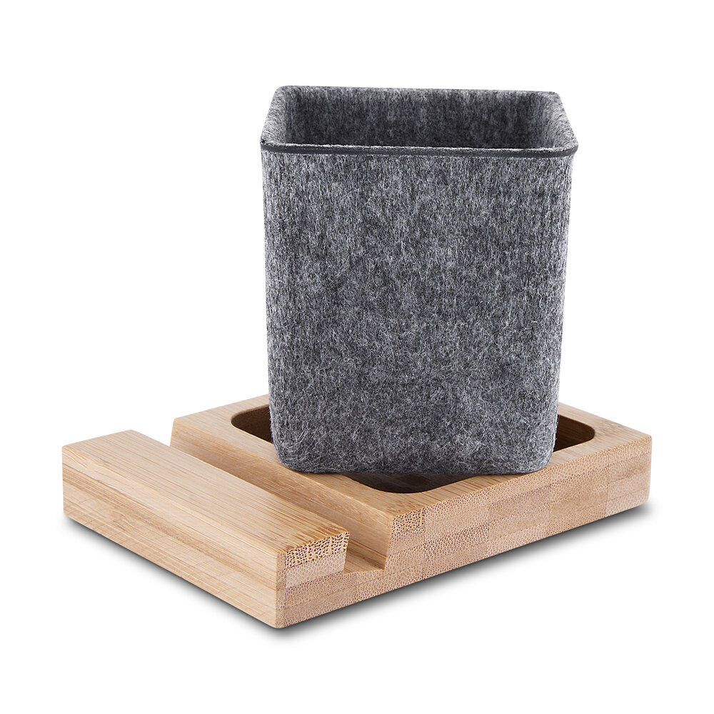 Porta Lápis e Celular em Feltro com Base de Bambu Organizador