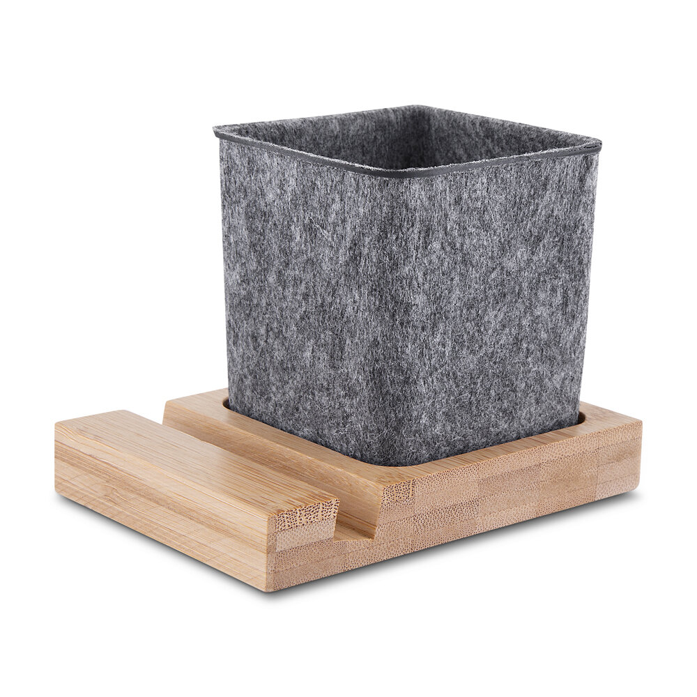 Porta Lápis e Celular em Feltro com Base de Bambu Organizador