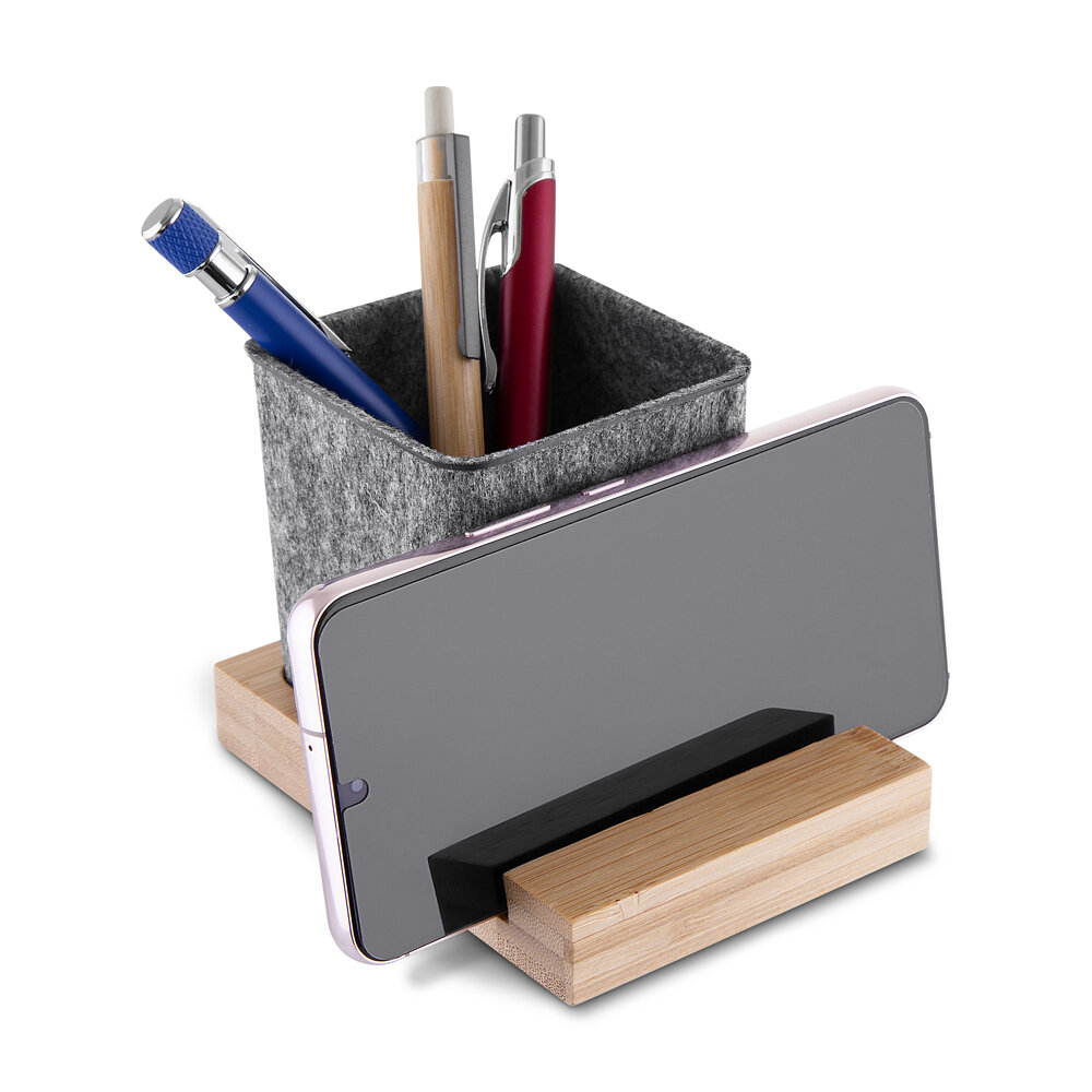 Porta Lápis e Celular em Feltro com Base de Bambu Organizador