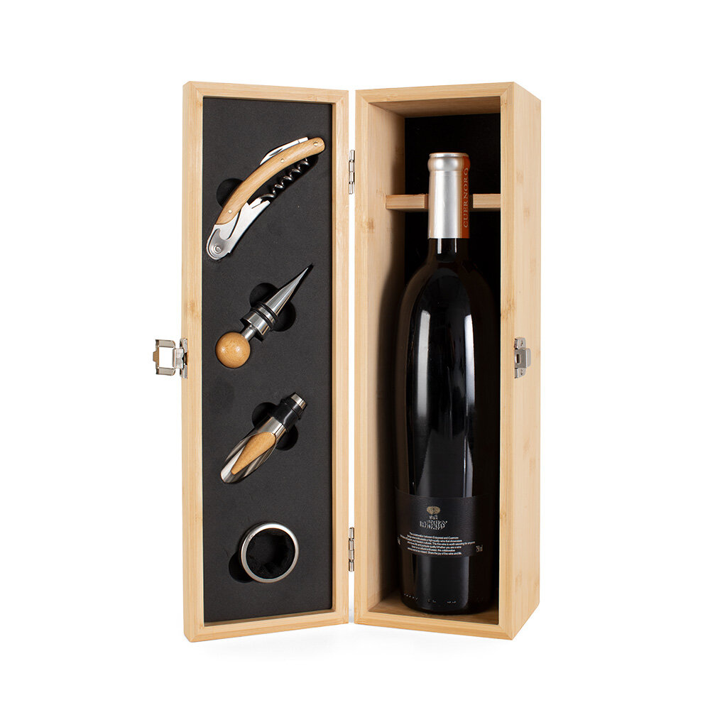 Kit Vinho com Caixa de Bambu: Saca-rolha, Corta-gotas, Bico e Tampa