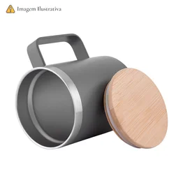 Caneca Térmica 400ml Parede Dupla com Tampa de Bambu Branca