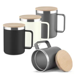 Caneca Térmica 400ml Parede Dupla com Tampa de Bambu Branca
