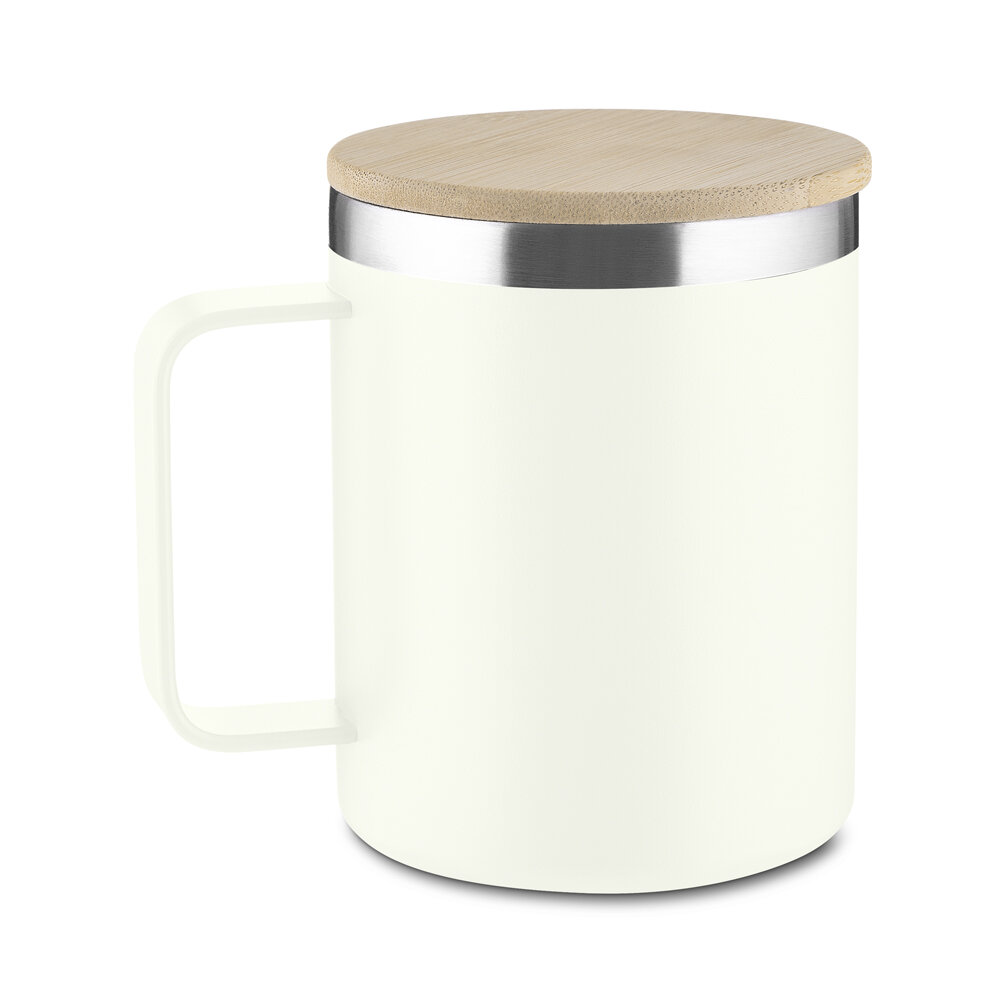 Caneca Térmica 400ml Parede Dupla com Tampa de Bambu Branca