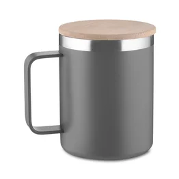 Caneca Térmica 400ml Parede Dupla com Tampa de Bambu Cinza