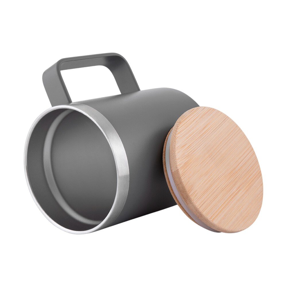 Caneca Térmica 400ml Parede Dupla com Tampa de Bambu Cinza