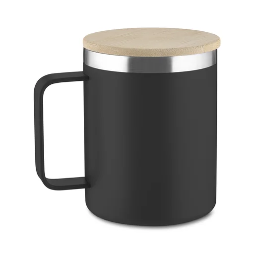Caneca Térmica 400ml Parede Dupla com Tampa de Bambu Preta
