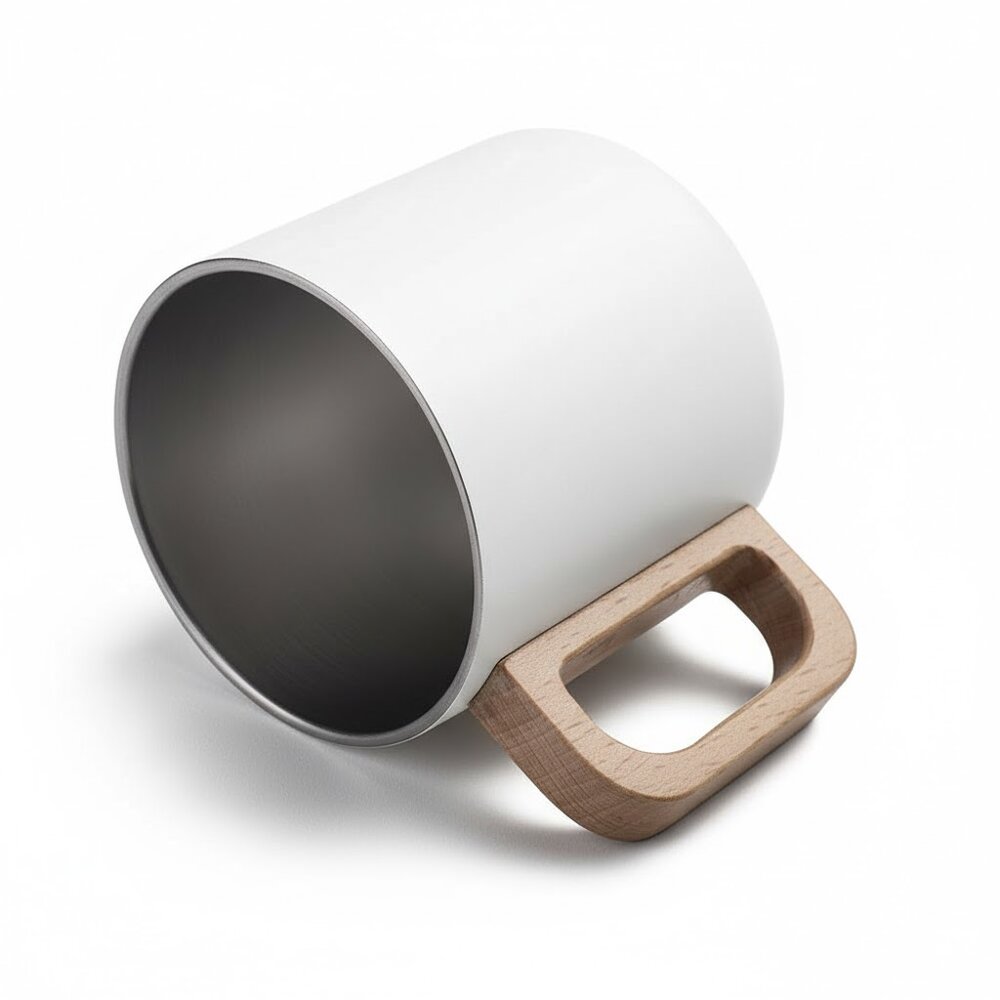 Caneca Térmica 400ml Parede Dupla com Alça de Bambu Branca