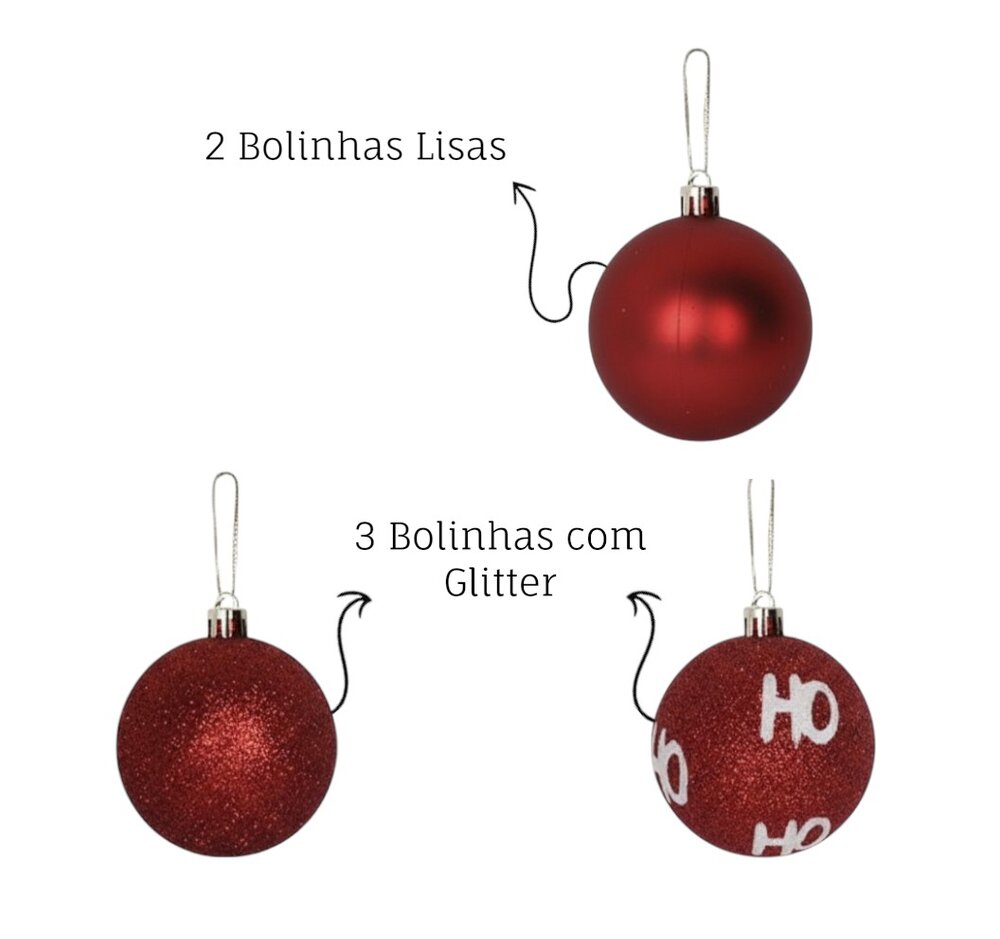 Kit 5 Bolas de Natal Grande 7cm HoHoHo Decoração Natalina Enfeite Árvore
