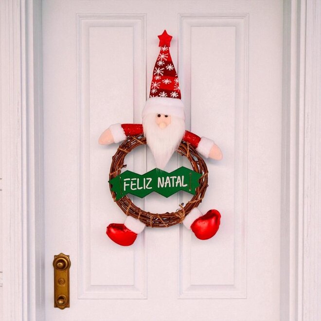 Guirlanda Boneco Papai Noel Madeira 40cm Decorativo Placa Feliz Natal
