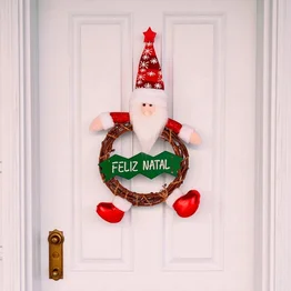 Guirlanda Boneco Papai Noel Madeira 40cm Decorativo Placa Feliz Natal