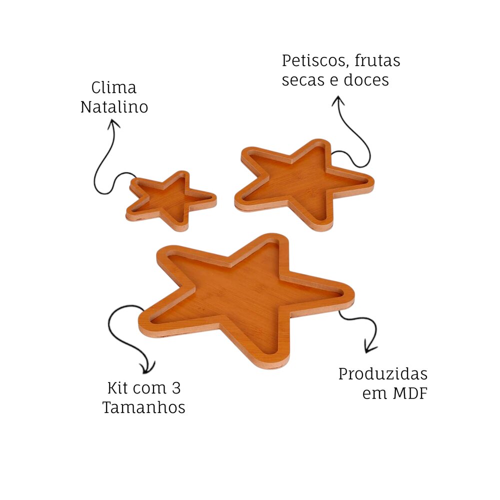 Kit 3 Petisqueiras em MDF Estrela Natalina Madeira Decoração Ceia