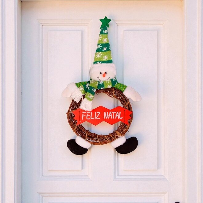 Guirlanda Boneco de Neve Madeira 40cm Decorativo Placa Feliz Natal