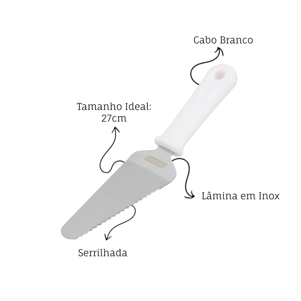 Espátula para Bolo Inox com Serra Profissional 27x6cm Cabo Branco