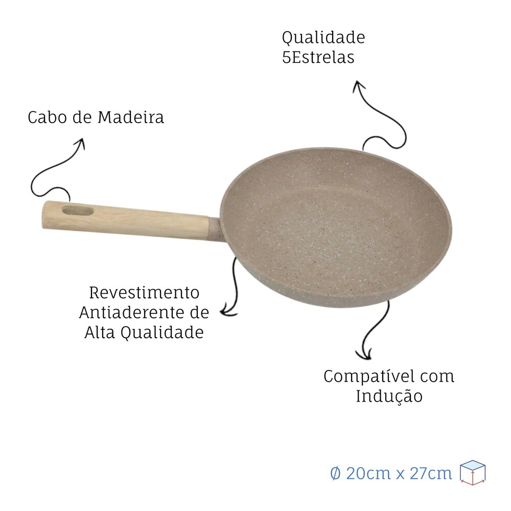 Frigideira Indução Antiaderente Cabo de Madeira Linha Marble 20cm