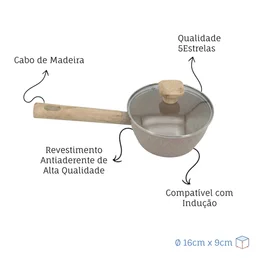 Panela Indução Antiaderente Linha Marble 16cm Cabo de Madeira