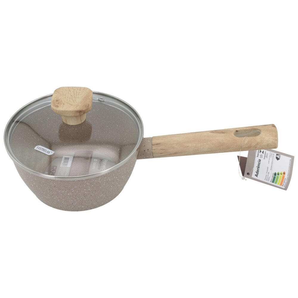 Panela Indução Antiaderente Linha Marble 16cm Cabo de Madeira