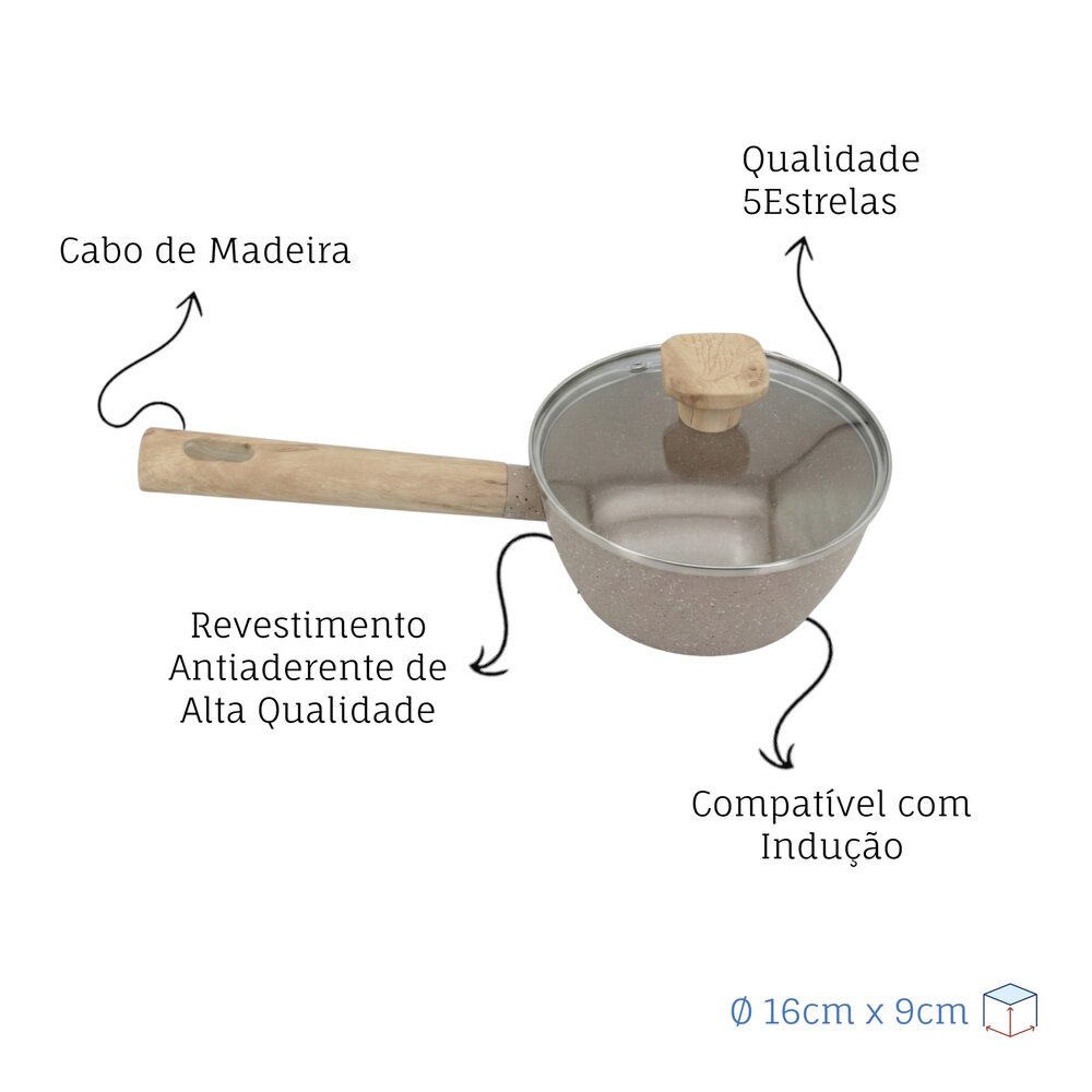 Panela Indução Antiaderente Linha Marble 16cm Cabo de Madeira