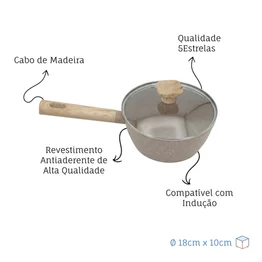 Panela Indução Antiaderente Linha Marble 18cm Cabo de Madeira