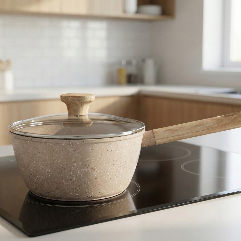 Panela Indução Antiaderente Linha Marble 18cm Cabo de Madeira