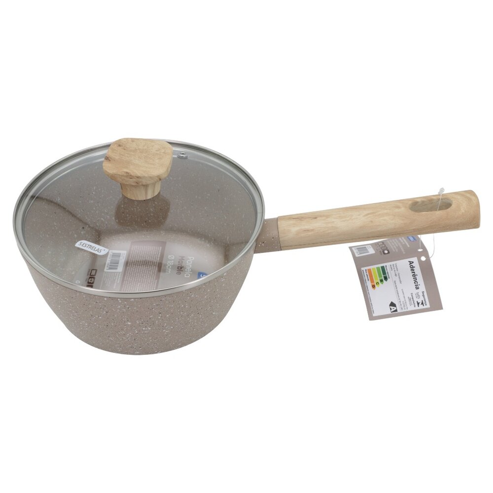 Panela Indução Antiaderente Linha Marble 18cm Cabo de Madeira