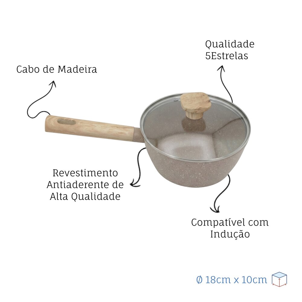 Panela Indução Antiaderente Linha Marble 18cm Cabo de Madeira