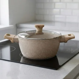 Panela Caçarola Indução Antiaderente Marble 20cm Cabo de Madeira