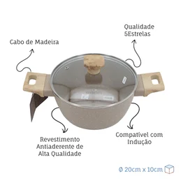 Panela Caçarola Indução Antiaderente Marble 20cm Cabo de Madeira