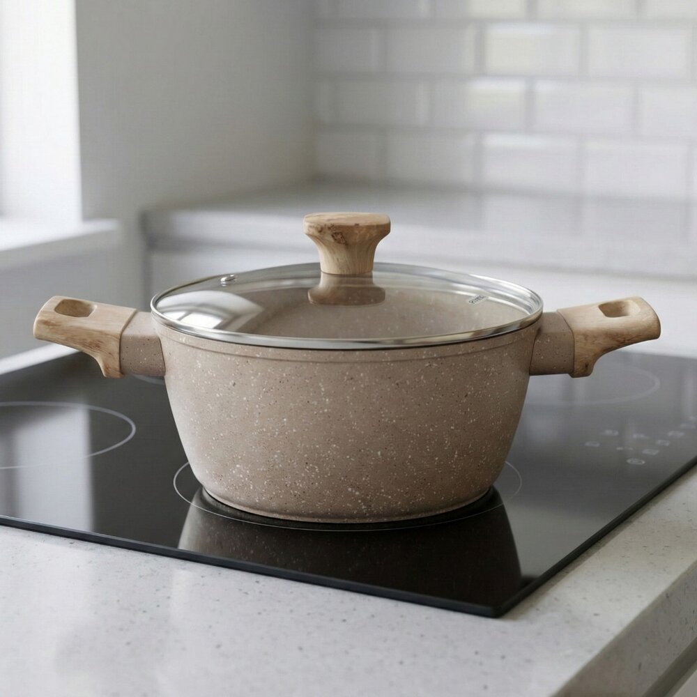 Panela Caçarola Indução Antiaderente Marble 20cm Cabo de Madeira