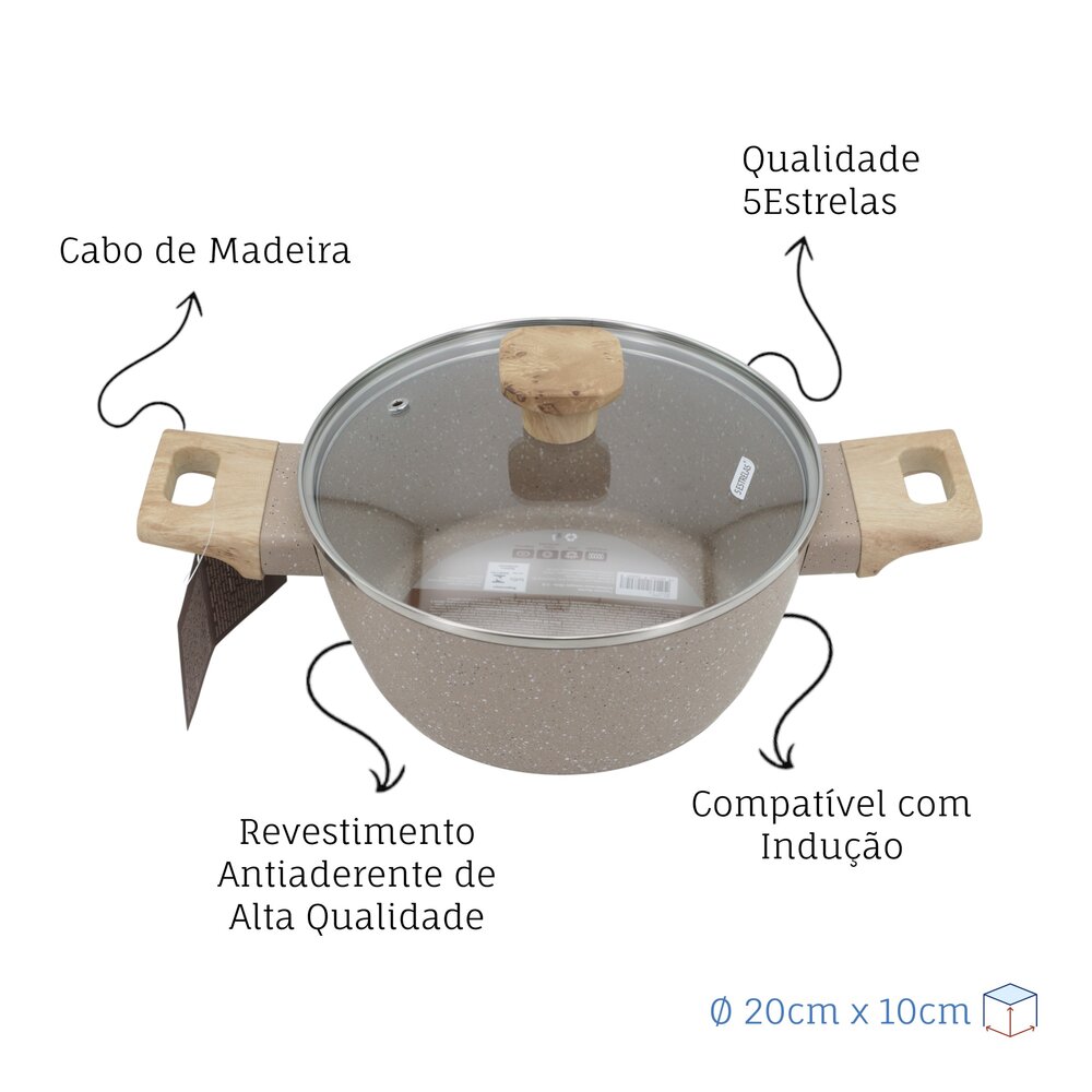 Panela Caçarola Indução Antiaderente Marble 20cm Cabo de Madeira