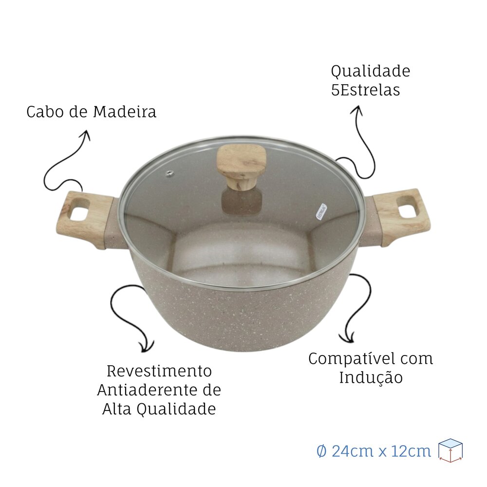Panela Caçarola Indução Antiaderente Marble 24cm Cabo de Madeira