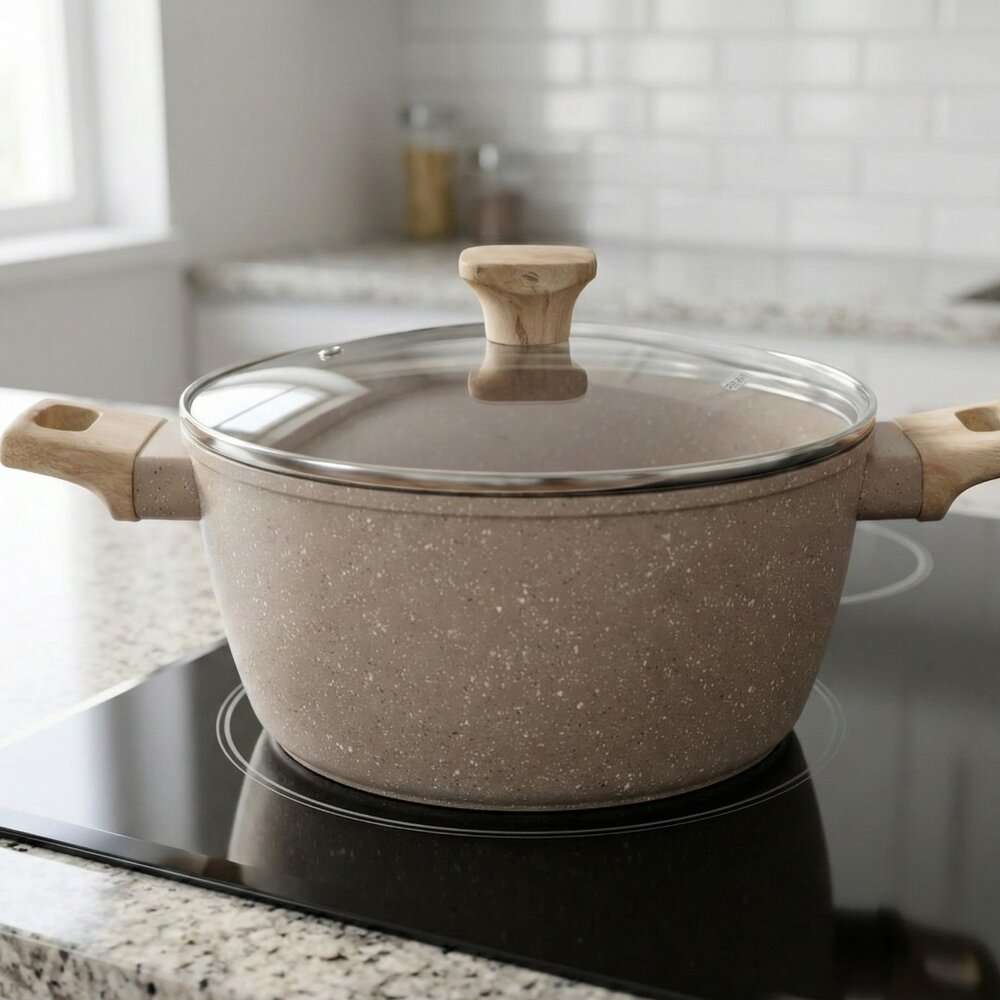 Panela Caçarola Indução Antiaderente Marble 24cm Cabo de Madeira