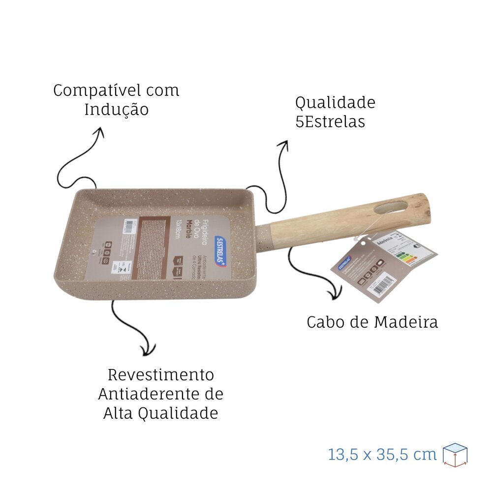 Frigideira Quadrada Ovo Antiaderente Marble 13x18cm Cabo de Madeira