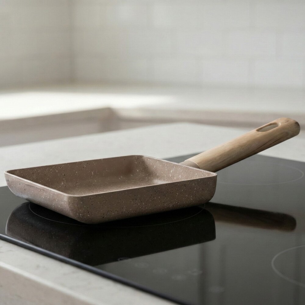 Frigideira Quadrada Ovo Antiaderente Marble 13x18cm Cabo de Madeira
