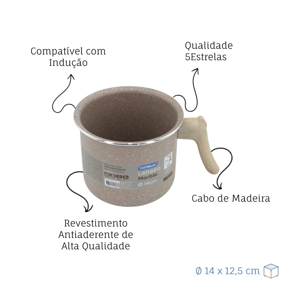 Caneco Leiteira Indução Antiaderente Marble Ø14cm Cabo de Madeira