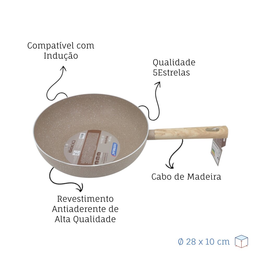 Frigideira Wok Antiaderente Marble Indução Ø28cm Cabo de Madeira