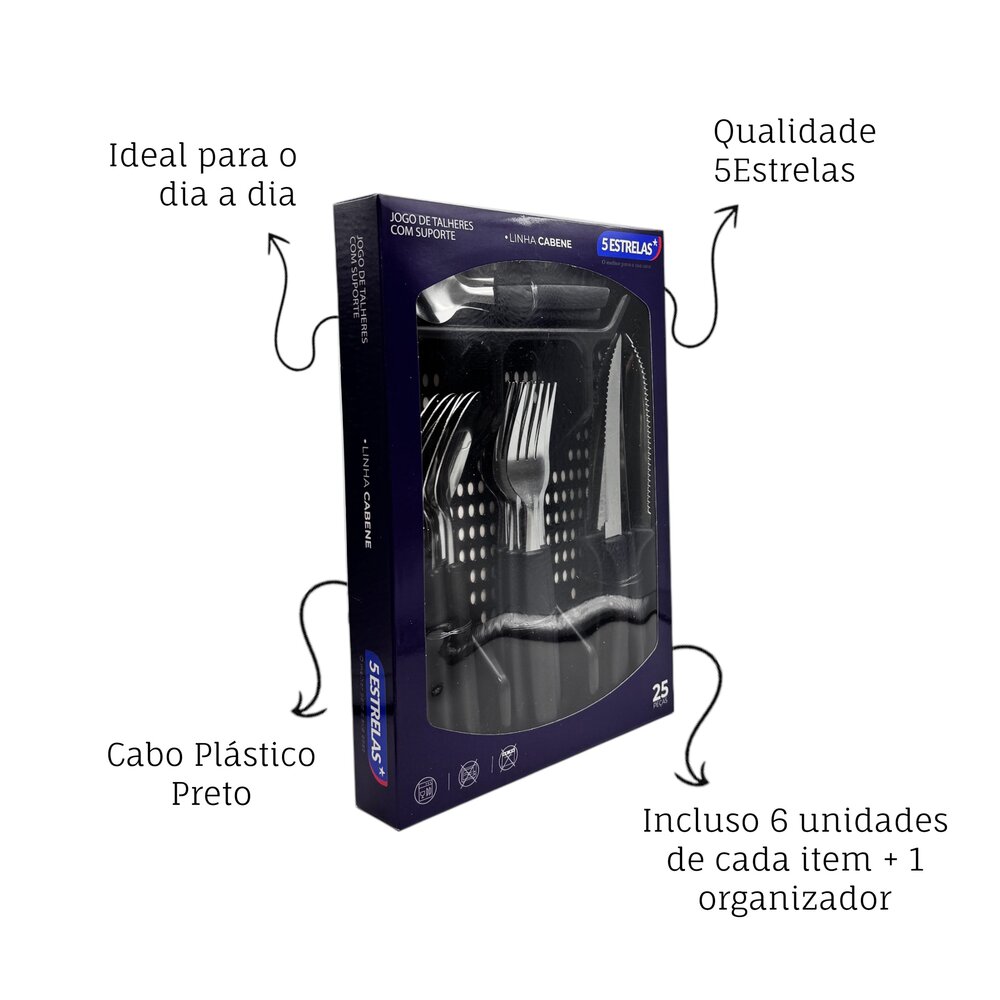 Jogo de Talheres 25 Peças Cabene com Suporte de Gaveta Preto