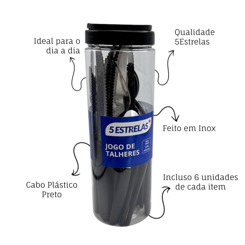 Jogo de Talheres Inox 24 Peças Cabene Cabo Plástico Preto