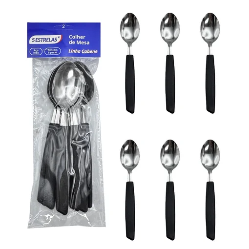 Kit 6 Peças Colher de Mesa Cabene Cabo Plástico Preto