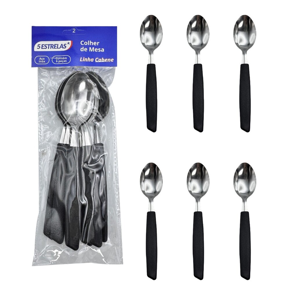 Kit 6 Peças Colher de Mesa Cabene Cabo Plástico Preto