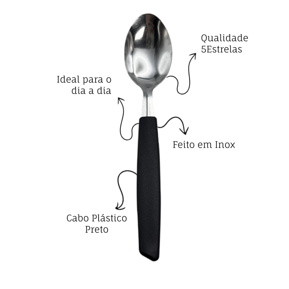Kit 6 Peças Colher de Mesa Cabene Cabo Plástico Preto
