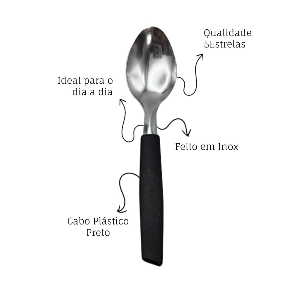 Kit 6 Peças Colher de Chá/Sobremesa Cabene Cabo Plástico Preto