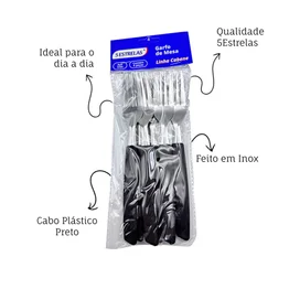 Kit 6 Peças Garfo de Mesa Cabene Cabo Plástico Preto