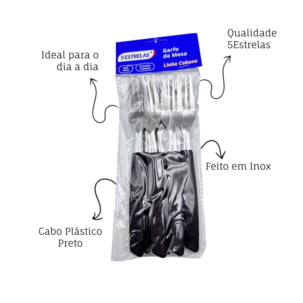 Kit 6 Peças Garfo de Mesa Cabene Cabo Plástico Preto