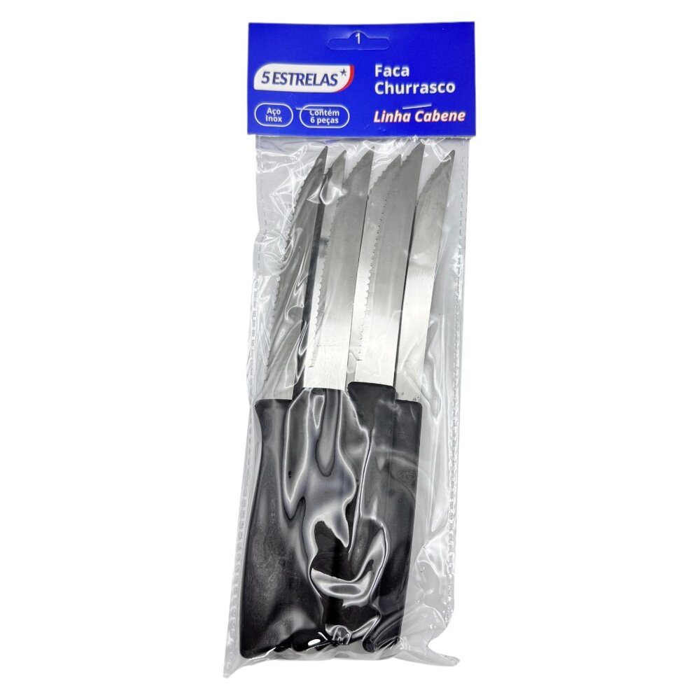 Kit 6 Peças Faca de Mesa/Churrasco Cabene Cabo Plástico Preto