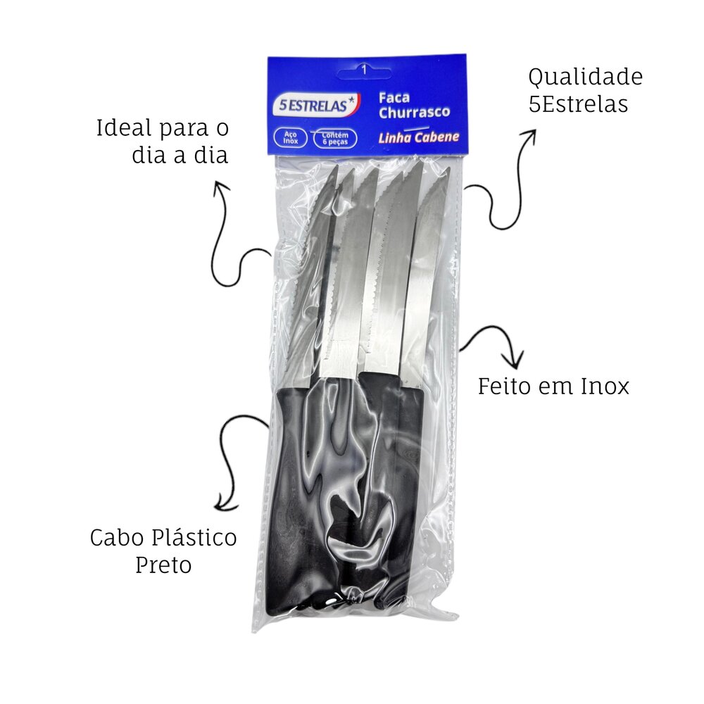 Kit 6 Peças Faca de Mesa/Churrasco Cabene Cabo Plástico Preto