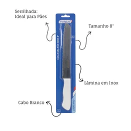 Faca de Pão Profissional Inox 8" Linha Pro Cabo Branco
