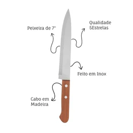 Faca Peixeira Inox 7" Cabo de Madeira e Aço Inox Linha Raiz
