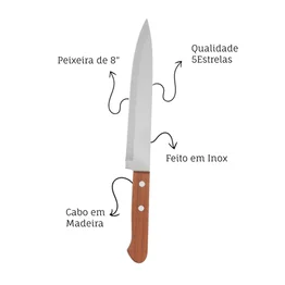 Faca Peixeira Inox 8" Cabo de Madeira e Aço Inox Linha Raiz